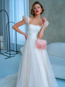 Floral lace A-line wedding dress with cap sleeves and square neckline top