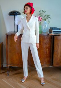 Style #2203-7, three-piece bridal pantsuit with top and jacket, available in ivory