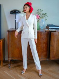 Style #2203-7, three-piece bridal pantsuit with top and jacket, available in ivory