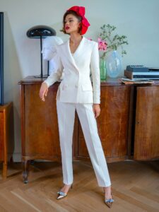 Three-piece bridal pantsuit with top and jacket