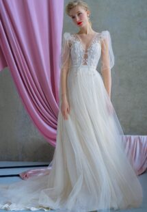 Style #2225, shimmering tulle A-line wedding dress with long puffed sleeves and floral embroidery, available in ivory