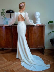 V-neck fit and flare wedding dress with organza bishop-style sleeves