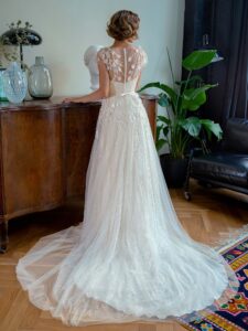 A-line wedding dress with 3D floral decor and sequinned floral lace layer