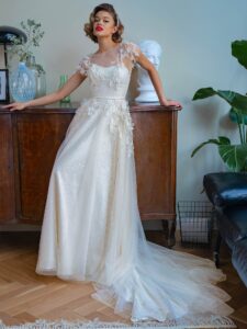 A-line wedding dress with 3D floral decor and sequinned floral lace layer