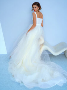 Ball gown wedding dress with beaded square neck top and belt