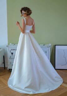 Style #2209-1, satin ball gown wedding dress with square neckline and belt, available in ivory