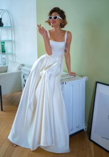 Style #2209-1, satin ball gown wedding dress with square neckline and belt, available in ivory