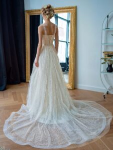 Sparkling lace A-line wedding dress with a beaded bustier top