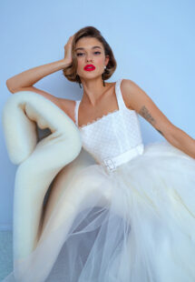 Style #2213, ball gown wedding dress with beaded square neck top and belt, available in ivory