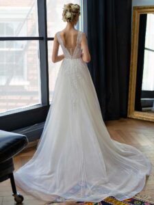 A-line wedding dress with V-plunging neckline and flower embroidery