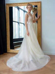 A-line wedding dress with V-plunging neckline and flower embroidery