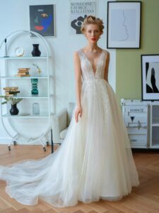 A-line wedding dress with V-plunging neckline and flower embroidery