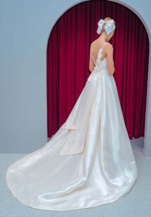 Style #2219L, Taffeta ball gown wedding dress with spaghetti straps and 3D floral decor, available in ivory