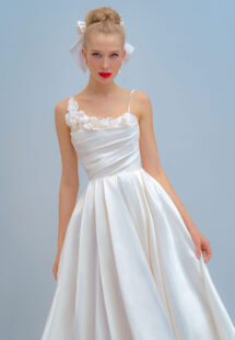 Style #2219L, Taffeta ball gown wedding dress with spaghetti straps and 3D floral decor, available in ivory