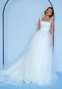 Style #2213, ball gown wedding dress with beaded square neck top and belt, available in ivory