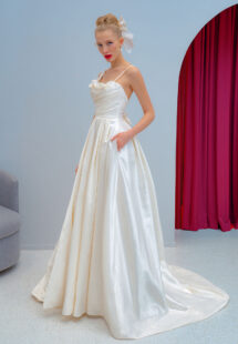 Style #2219L, Taffeta ball gown wedding dress with spaghetti straps and 3D floral decor, available in ivory