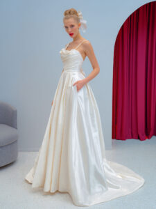 Style #2219L, Taffeta ball gown wedding dress with spaghetti straps and 3D floral decor, available in ivory