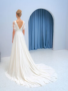 Flutter sleeve chiffon dress with a high slit and 3D floral decor
