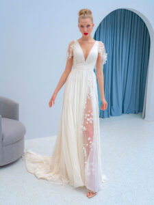 Flutter sleeve chiffon dress with a high slit and 3D floral decor