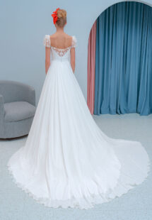 Style #2218L, chiffon sheath wedding dress with embroidered cap sleeves and beaded back, available in ivory