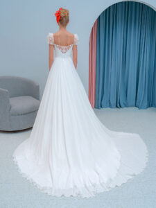 Chiffon sheath wedding dress with embroidered cap sleeves and beaded back