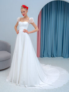 Style #2218L, chiffon sheath wedding dress with embroidered cap sleeves and beaded back, available in ivory