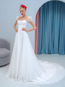 Chiffon sheath wedding dress with embroidered cap sleeves and beaded back