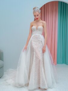 Shimmering lace fit and flare wedding dress with detachable off the shoulder sleeves and tulle train, available in ivory, ivory-nude