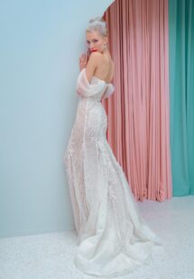 Style #2223, shimmering lace fit and flare wedding dress with detachable off the shoulder sleeves and tulle train, available in ivory, ivory-nude