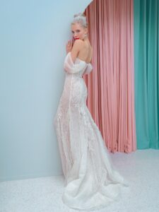 Shimmering lace fit and flare wedding dress with detachable off the shoulder sleeves and tulle train, available in ivory, ivory-nude