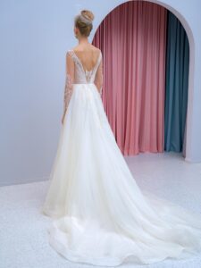 Long-sleeve A-line wedding dress with floral embroidery
