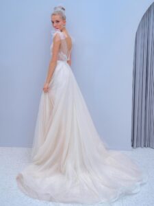 A-line wedding dress with bow straps and floral embroidered top, available in ivory, dark ivory