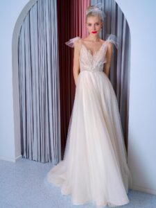 A-line wedding dress with bow straps and floral embroidered top, available in ivory, dark ivory