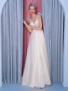 A-line wedding dress with bow straps and floral embroidered top, available in ivory, dark ivory