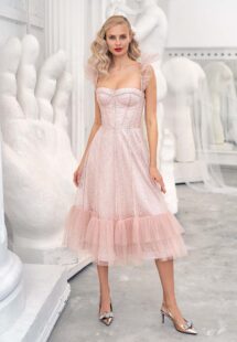 Style #628, sequinned lace A-line gown with a ruffle-tiered skirt, available in ivory, powder pink, grey-blue