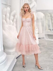 Style #628, sequinned lace A-line gown with a ruffle-tiered skirt, available in ivory, powder pink, grey-blue