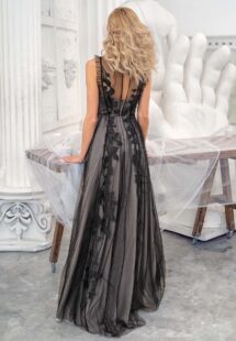 Style #629b, A-line evening dress with floral decor and cascading ruffle trim; available in midi or maxi length; in black