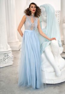 Style #633b, A-line evening dress with beaded bodice and illusion halter-style neckline; available in midi or maxi length; in grey-blue, ivory, powder, purple, cherry, black