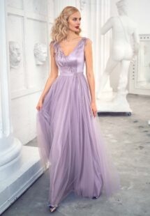 Style #635b, tulle A-line evening gown with V-neckline and floral embroidery; available in midi or maxi length; in purple, grey-blue, ivory, powder, cherry, black, nude