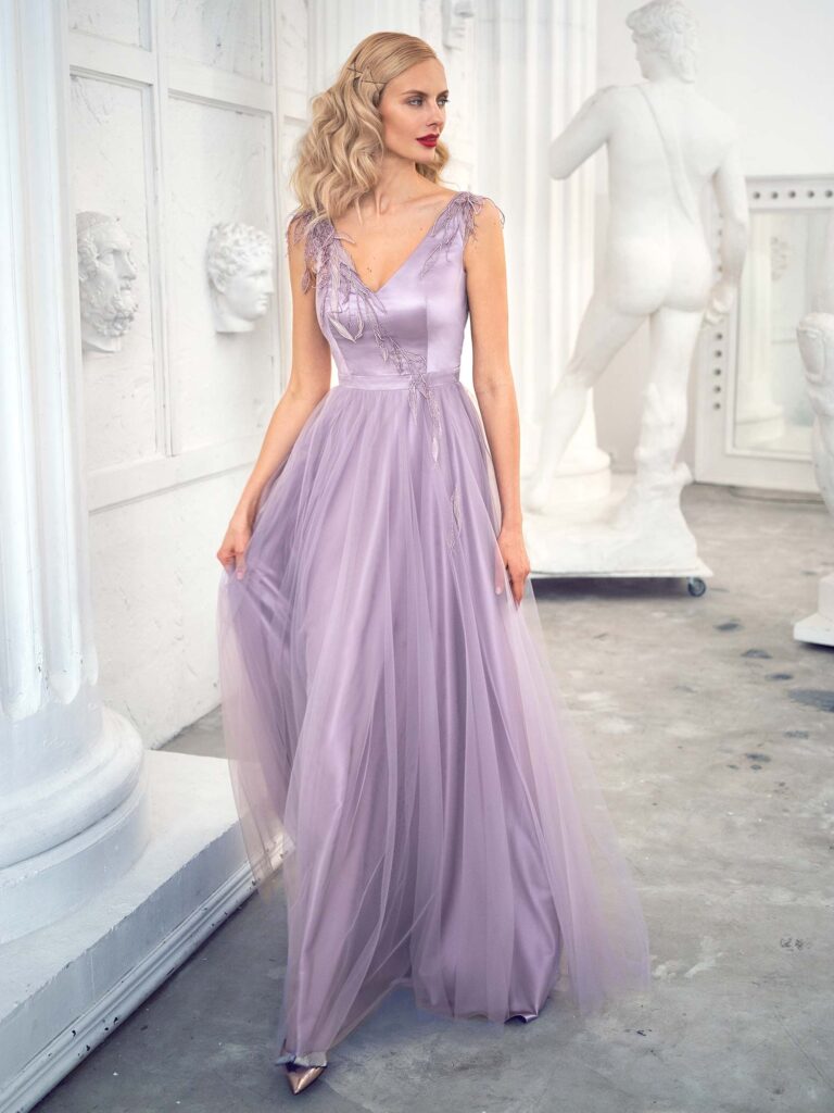 Style #635b, tulle A-line evening gown with V-neckline and floral embroidery; available in midi or maxi length; in purple, grey-blue, ivory, powder, cherry, black, nude