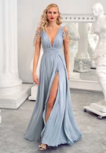 Style #636, sheath evening gown with V-neck and flutter sleeves; available in dusty-turquoise, ivory, cherry, grey-blue, azure, yellow, black, green