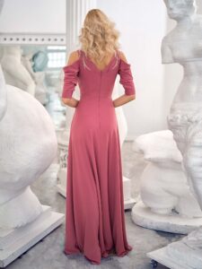 Style #641b, crepe A-line evening gown with cold shoulders; available with or without sleeves; in dark blue, red, turquoise, pink, ivory, lilac, black, lilac-brown