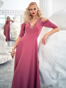 Style #641b, crepe A-line evening gown with cold shoulders; available with or without sleeves; in dark blue, red, turquoise, pink, ivory, lilac, black, lilac-brown