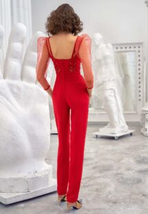 Style #643-8, three quarter sleeve jumpsuit with leaf embroidery and pockets; available in red, pink, black