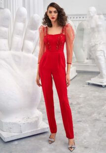 Style #643-8, three quarter sleeve jumpsuit with leaf embroidery and pockets; available in red, pink, black