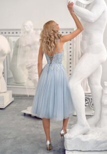 Style #645a, bustier style gown with tulle skirt and spaghetti straps; available in midi or maxi length; in grey-blue, powder, purple