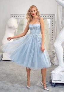 Style #645a, bustier style gown with tulle skirt and spaghetti straps; available in midi or maxi length; in grey-blue, powder, purple