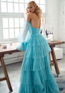 Style #646b, strapless A-line evening dress with tulle layered skirt and detachable sleeves; available in midi or maxi length; in turquoise, cream, coral