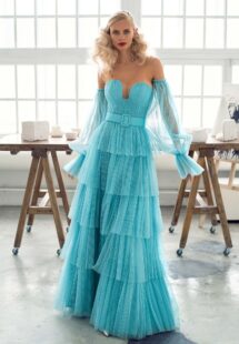 Style #646b, strapless A-line evening dress with tulle layered skirt and detachable sleeves; available in midi or maxi length; in turquoise, cream, coral