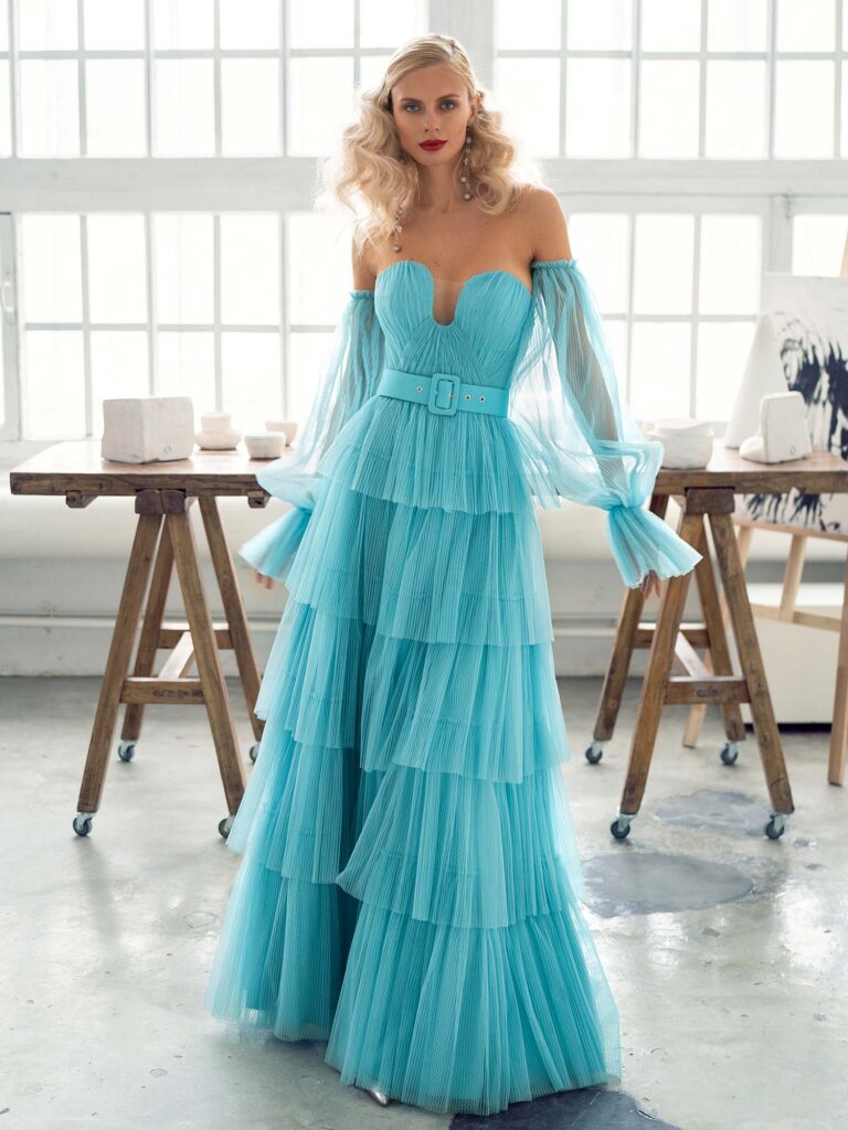 Style #646b, strapless A-line evening dress with tulle layered skirt and detachable sleeves; available in midi or maxi length; in turquoise, cream, coral